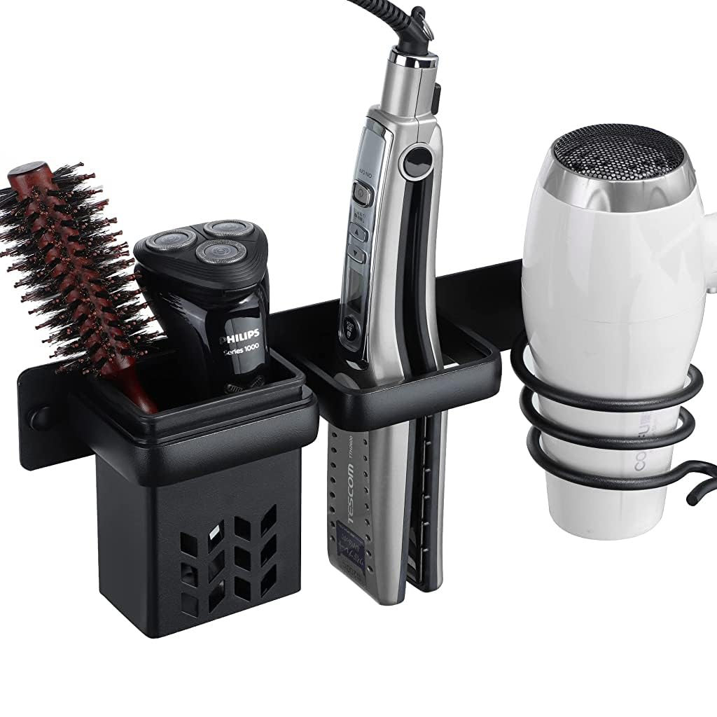 HASTHIP 3 in 1 Hair Dryer Stand Hair Dryer Holder for Wall, Wall Mounted Hair Dryer Rack, Blow Dryer Holder, Hair Dryer Rack & Hair Styling Care Tool Organizer - Storage Basket with Plug Hook, Black HASTHIP 3 in 1 Hair Dryer Stand Hair Dryer Holder for Wall, Wall Mounted Hair Dryer Rack, Blow Dryer Holder, Hair Dryer Rack & Hair Styling Care Tool Organizer - Storage Basket with Plug Hook, Black